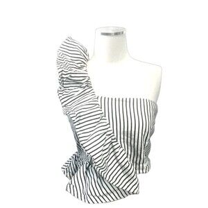 Future Collective One Shoulder Ruffle Striped Cropped Blouse Size L